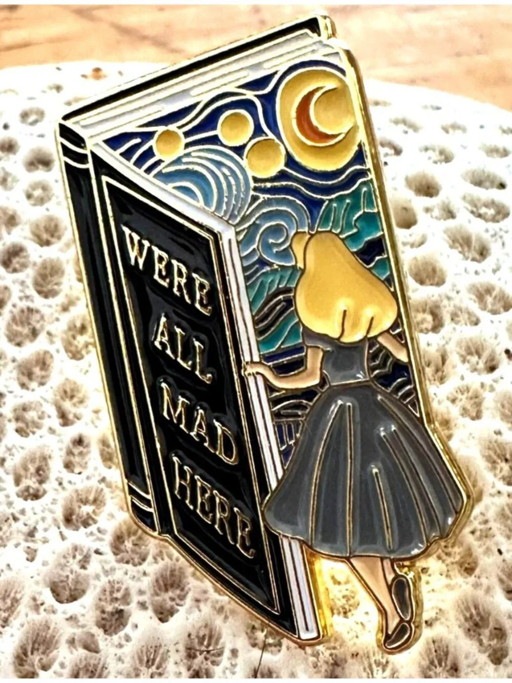 Alice in Wonderland Pin We’re All Mad Here Book Design Starry Night Rabbit Hole